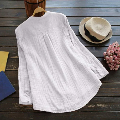 Vista 3 de ANBOO Camisas de lino de algodón para mujer, cuello alto, manga larga, casual, holgada, blusa de lino de algodón (3XL, blanco)