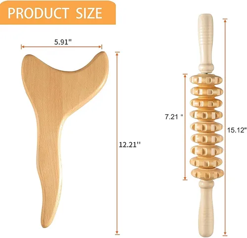 Vista 6 de 2 unids/set de herramientas de masaje de terapia de madera para drenaje linfático y alivio corporal multiusos Herramienta Gua Sha y rodillo