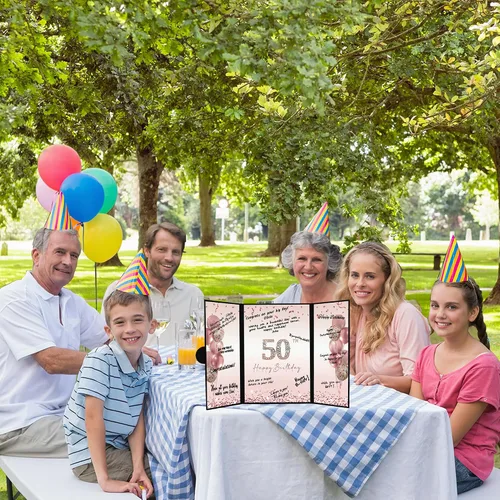 Vista 8 de DARUNAXY Decoraciones de fiesta de 50 cumpleaños en oro rosa para mujeres, libro de firmas alternativo de feliz 50 cumpleaños, tarjeta de firma