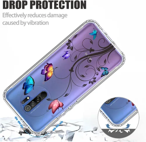 Vista 7 de Funda para Redmi 9/Redmi 9 Prime/Poco M2 M2004J19PI con protector de pantalla de vidrio templado, diseño de mariposa transparente de cuerpo