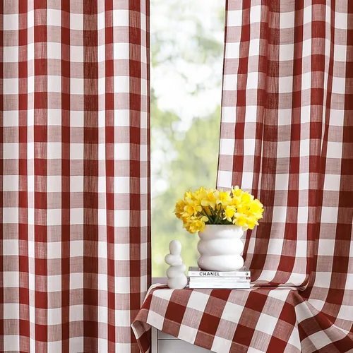 Vista 24 de Amzdecor Cortinas a cuadros con ojales de búfalo de 54 pulgadas de largo, cortinas texturizadas semitransparentes para sala de estar, dormitorio