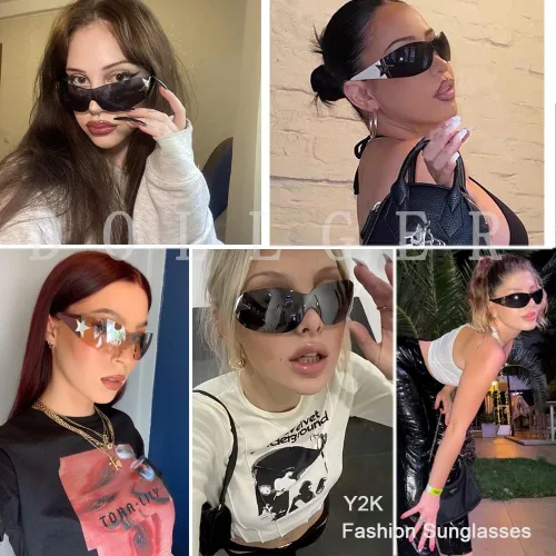 Vista 2 de Dollger Gafas de sol Y2K de moda para mujeres y hombres gafas de sol envolventes sin montura Cyber Y2k Fashion 2000 gafas escudo Negro