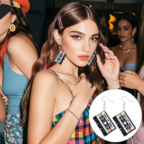 Vista 4 de 3 pares de aretes de neón con cinta de casete retro de los años 80 y 90 para mujer, traje de los años 80 y 90, aretes acrílicos de radio, joyas