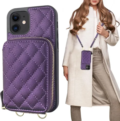 Vista 12 de Bocasal Funda tipo cartera cruzada para iPhone 12/12 Pro, bloqueo RFID, de piel sintética, con cremallera, bolso cartera con tapa plegable, funda