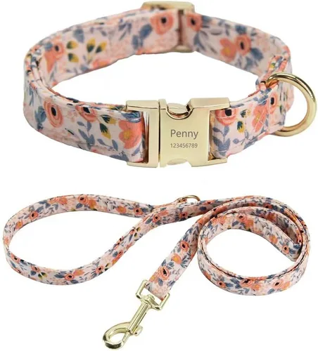 Vista 9 de Juego personalizado de collar y correa para perro con nombre y placa de número de teléfono, collar de perro con margaritas personalizado para perros