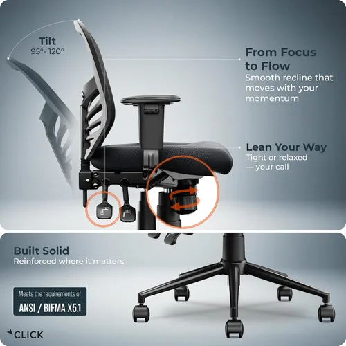 Vista 8 de Flow Silla de oficina de malla con respaldo medio, soporte lumbar, asiento acolchado extra negro