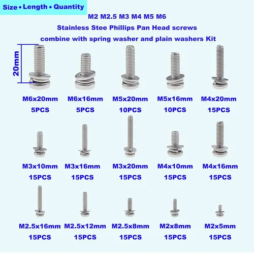 Vista 3 de M2 M2.5 M3 M4 M5 M6 Tornillos de cabeza Phillips de acero inoxidable combinados con arandelas de resorte y arandelas lisas 195pcs 304 stainless