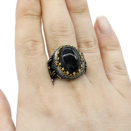 Vista 2 de Qida Natural Agate Ring for Men S925 Sterling Silver Black Agate Stone Ring Vintage Castle Men's Ring Gothic Style Unique Hand Ring