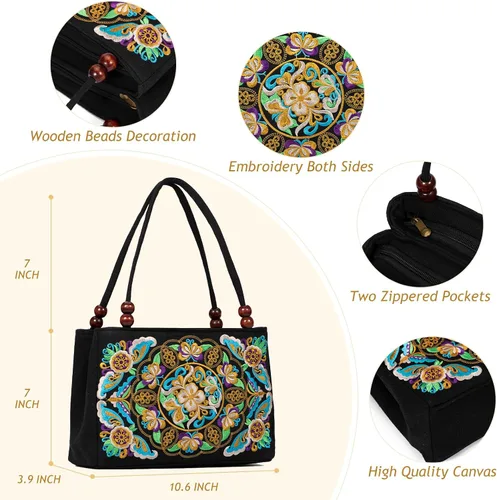 Vista 4 de Jursccu Bolsas de hombro étnicas bordadas de doble cara Bolso de viaje para playa