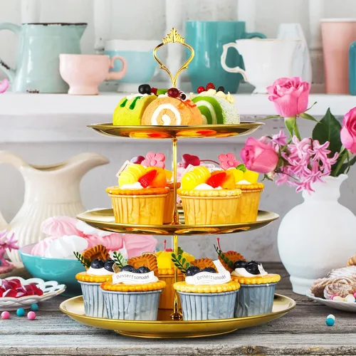Vista 5 de Yaomiao Juego de 2 bandejas doradas de 3 niveles para servir con base de acero inoxidable para cupcakes, soporte para mesa de postre, juego