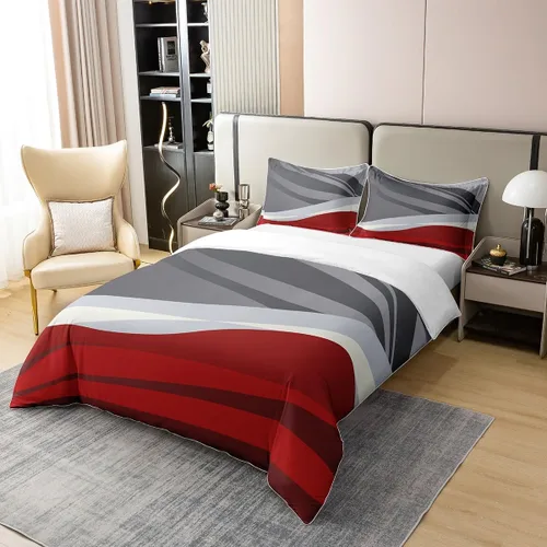 Vista 2 de Juego de funda de edredón moderna abstracta 100% algodón, tamaño individual, para niños, rojo, gris, negro, geométrico, juego de ropa de cama