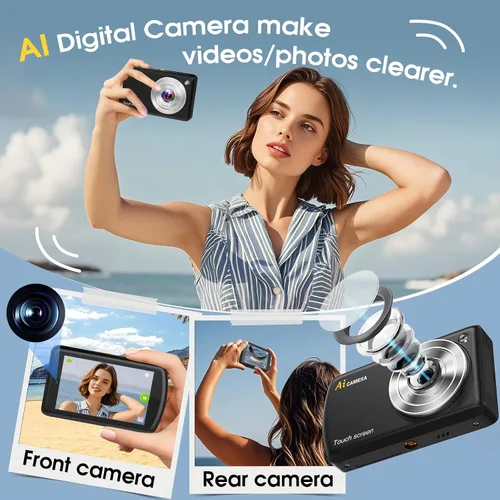 Vista 5 de Cámara digital AI, cámara AI de enfoque automático frontal y trasera, cámaras digitales compactas para fotografía con WiFi, reconocimiento
