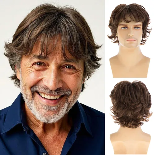 Vista 8 de Peluca marrón corta en capas para hombres, peluca sintética resistente al calor Cosplay pelo Café combinado