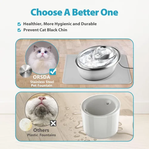 Vista 7 de ORSDA - Fuente de agua de acero inoxidable para gatos, fuente para mascotas de 2 litros para gatos en interiores, dispensador de agua para perros