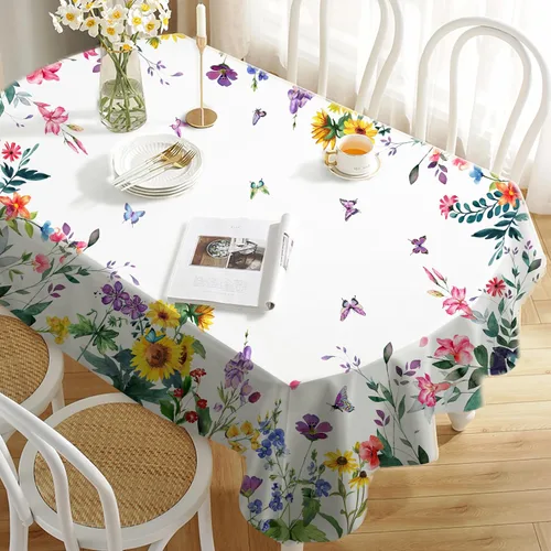 Vista 3 de Yighty Mantel ovalado de primavera y verano de 54 x 72 pulgadas, mantel de acuarela floral de primavera, mantel impermeable resistente a
