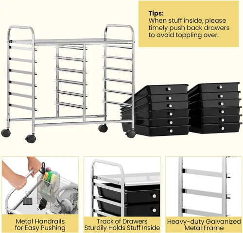 Vista 6 de Giantex Carrito con ruedas de 12 cajones, carrito de almacenamiento móvil con cajones, carrito organizador de aula para suministros escolares