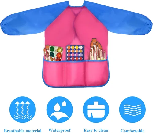 Vista 3 de NEBURORA 1 paquete de delantales de arte para niños impermeables con 3 bolsillos espaciosos, suministros de pintura para niños de 3 a 5 años
