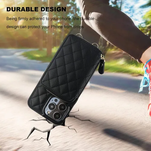 Vista 8 de Bocasal Funda tipo cartera cruzada para iPhone 14 Pro Max, con bloqueo RFID, de piel sintética, con cremallera, funda tipo cartera con función atril
