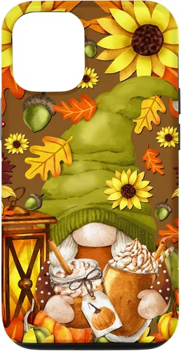 Vista 27 de iPhone 13 Pro Max Lindo gnomo de especias de calabaza con árbol de otoño hojas de otoño
