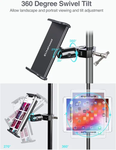 Vista 6 de elitehood Soporte de metal para iPad para soporte de micrófono, soporte de micrófono ajustable de 360°, soporte de iPad de aluminio para soporte