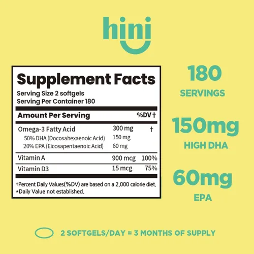 Vista 2 de HINI Omega-3 para niños: vitaminas Omega 3 DHA, inmunidad para niños, vitaminas Omega para la salud cerebral y ocular y fuerte apoyo a los huesos, 2