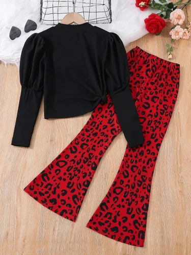 Vista 2 de WDIRARA Conjunto de 2 piezas para niña con estampado de leopardo y manga gigot