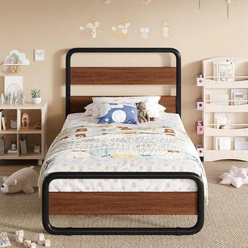 Vista 18 de SHA CERLIN Base de cama de metal de tamaño individual con cabecera y estribo de madera, base de cama de plataforma ovalada resistente