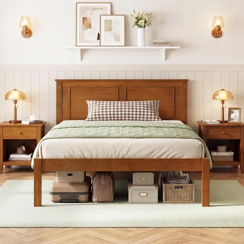 Vista 8 de GIANTEX Marco de cama de madera individual con cabecero, plataforma moderna de mediados de siglo con soporte de listones de madera, base de colchón