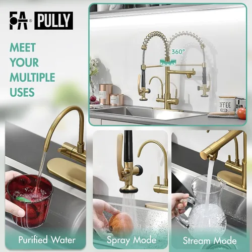 Vista 4 de Fapully Grifo de cocina comercial de oro cepillado con rociador desplegable