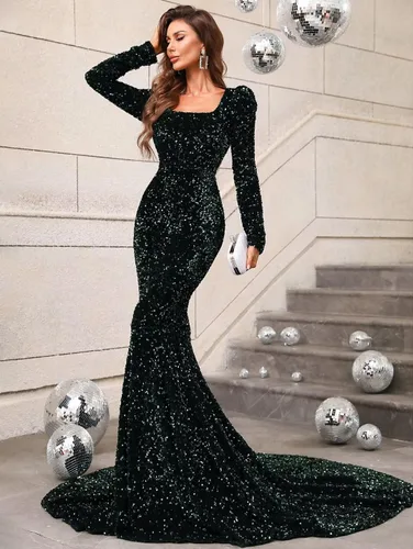 Vista 3 de Dexinyuan Vestidos de fiesta de sirena de manga larga con lentejuelas para mujer 2024 brillante cuello cuadrado elegante vestidos de noche formales
