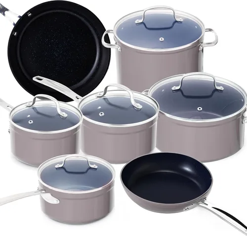 Vista 17 de Nuwave - Juego de 12 utensilios de cocina forjados y ligeros, revestimiento ultra antiadherente de cerámica Duralon G10 saludable, tapas de vidrio