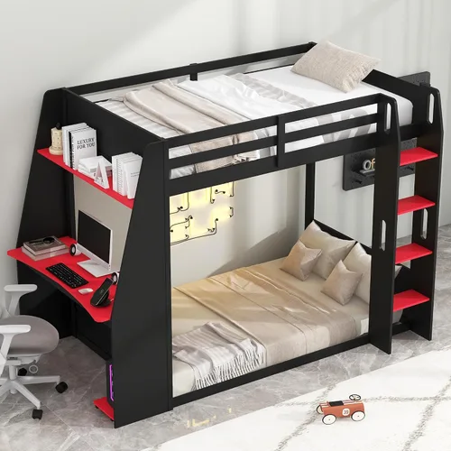 Vista 10 de Polibi Twin Wooden Gaming Bunk Bed with Desk, USB & LED Light
