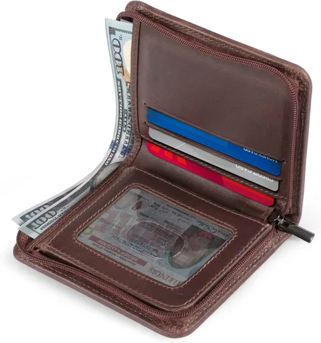 Vista 3 de Otto Angelino Cartera plegable con cremallera para hombre con bloqueo RFID, piel de vaca italiana, comodidad de viaje delgada, soporte para tarjeta