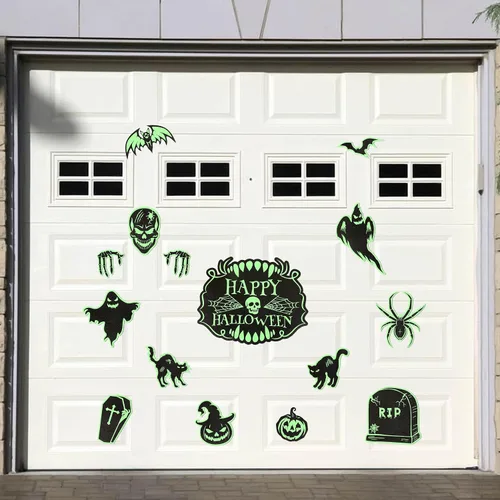 Vista 7 de 90shine Imanes de decoración de puerta de garaje de Halloween: murciélagos magnéticos que brillan en la oscuridad, lápida, fantasma, calabaza, feliz