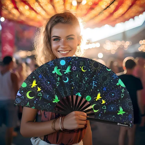 Vista 6 de Ventilador plegable grande, ventilador Clack Rave de 13 pulgadas, ventilador de mano para mujeres y hombres con tela de satén de alta calidad, marco
