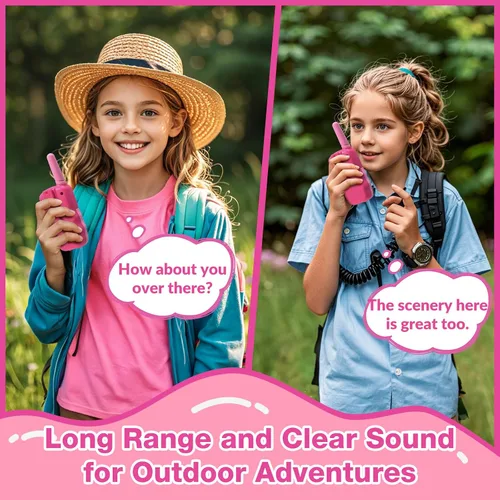 Vista 3 de Walkie Talkies para niños BATURU, paquete de 2 unidades en color rosa, regalo para niñas de 4 a 8 años, de largo alcance, juguetes fáciles de usar