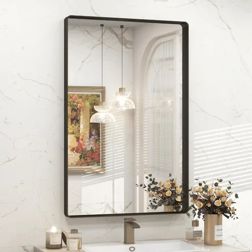 Vista 12 de Espejo rectangular para pared de baño de 20x30 pulgadas con marco negro mate, espejo de tocador con esquinas redondeadas, espejo de baño de metal