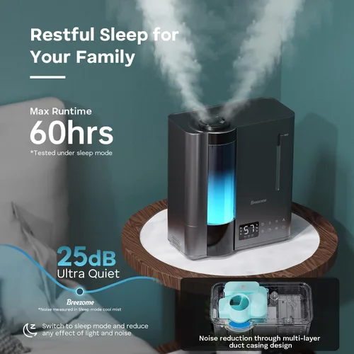 Vista 6 de BREEZOME Humidificadores de 8L para dormitorio, niebla cálida y fría para habitación grande, humidificador ultrasónico de llenado superior, sensor
