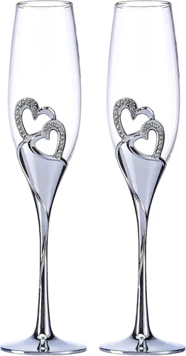 Vista 7 de Copas de champán para boda, copas de flauta para novia y novio, creativas copas de vidrio de lujo con borde de diamantes de imitación decoración
