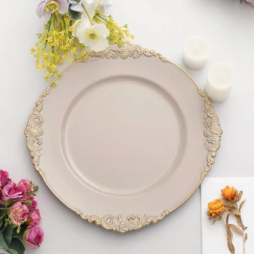 Vista 21 de Tableclothsfactory Paquete de 6 platos barrocos redondos de oro transparente de 13 pulgadas, borde en relieve de hojas para decoración de mesa