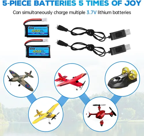 Vista 2 de 2 baterías Lipo de 3.7 V 450 mAh 30C con cable de carga USB, enchufe Molex compatible con la mayoría de drones RC, aviones de cuatro ejes y modelos