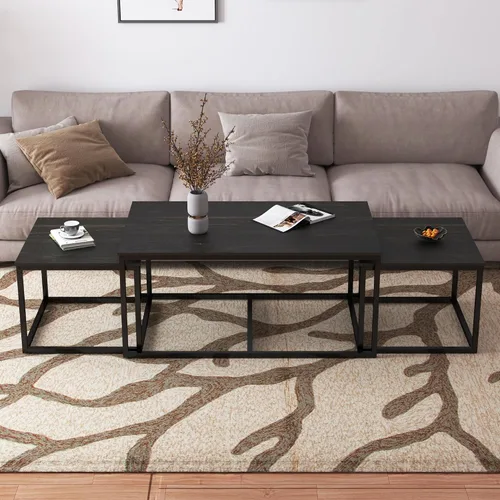 Vista 6 de Mesas de centro anidables, mesa de centro de 3 piezas, mesa auxiliar rectangular industrial, mesas auxiliares para sala de estar y dormitorio (negro)