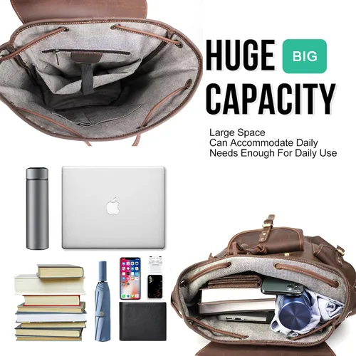 Vista 6 de Mochila retro de cuero genuino para hombre, adecuada para portátiles de 16 pulgadas, para viajes de negocios, mochila diaria, Gris, Mochilas de viaje
