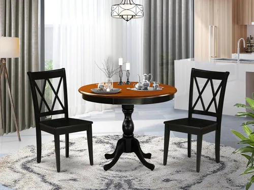 Vista 2 de East West Furniture AMCL3-BCH-W - Juego de mesa de comedor de 3 piezas contiene una mesa de cocina redonda con pedestal y 2 sillas de comedor, 36 x