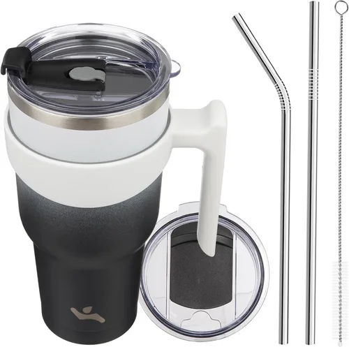 Vista 25 de Konokyo - Vaso de 10 onzas con asa y 2 popotes, 2 tapas, botella de agua aislada de acero inoxidable, taza de viaje reutilizable, color verde militar