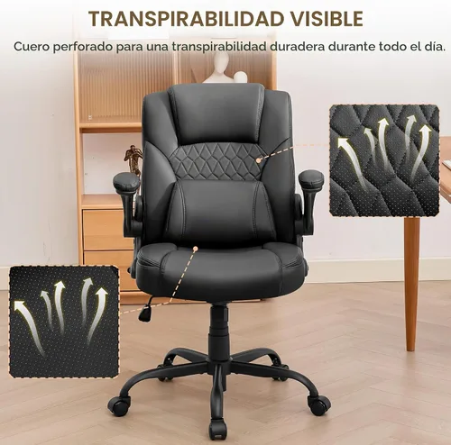 Vista 8 de Silla de Oficina para el Hogar con Soporte Lumbar, Asiento Engrosado de 5", Pequeña Silla de Escritorio Mecedora de Cuero PU, Cómodas Sillas de Negro