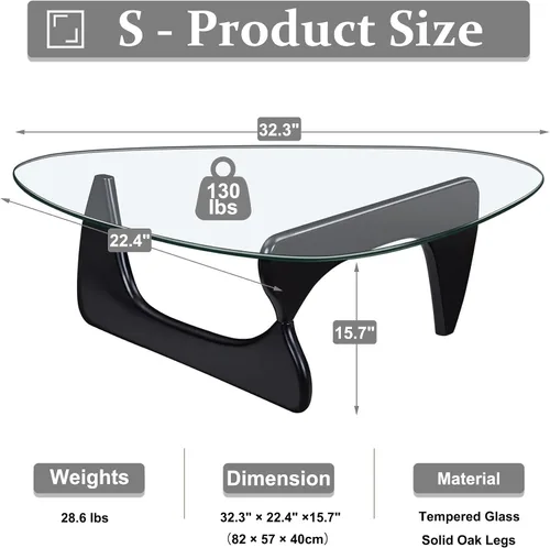 Vista 2 de Mesa auxiliar – Mesa de centro triangular de vidrio con base de madera maciza, diseño minimalista moderno de mediados de siglo, mesa auxiliar
