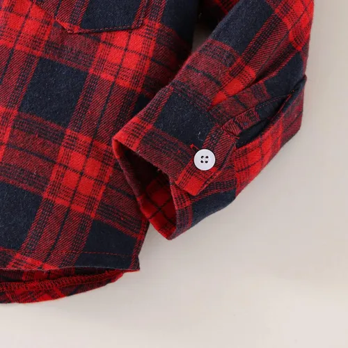 Vista 8 de Ropa para bebés y niños pequeños, conjuntos de otoño e invierno, con botones, camisa a cuadros con capucha y pantalones
