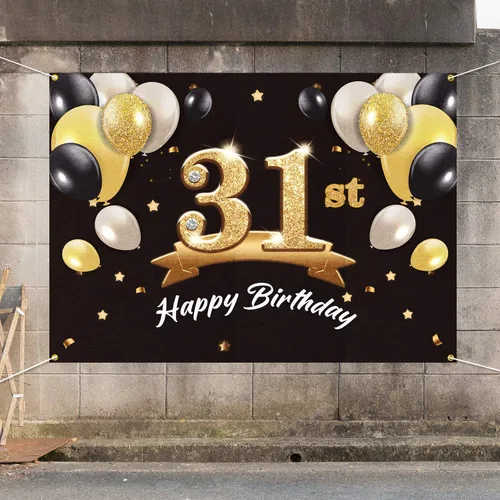 Vista 7 de Telón de fondo de pancarta de feliz cumpleaños 31 – Suministros de decoración de fiesta de cumpleaños 31 para hombres – Negro dorado 4 x 6 pies
