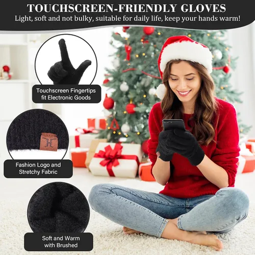 Vista 3 de Womens Winter Warm Beanie Hat Touchscreen Gloves Long Scarf Set Rib Cable Knit Fleece Lined Skull Pom Caps